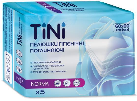 Пелюшки гігієнічні поглинаючі TINI NORMA, розмір: 60 cm (см) х 60 cm (см), 5шт/уп.